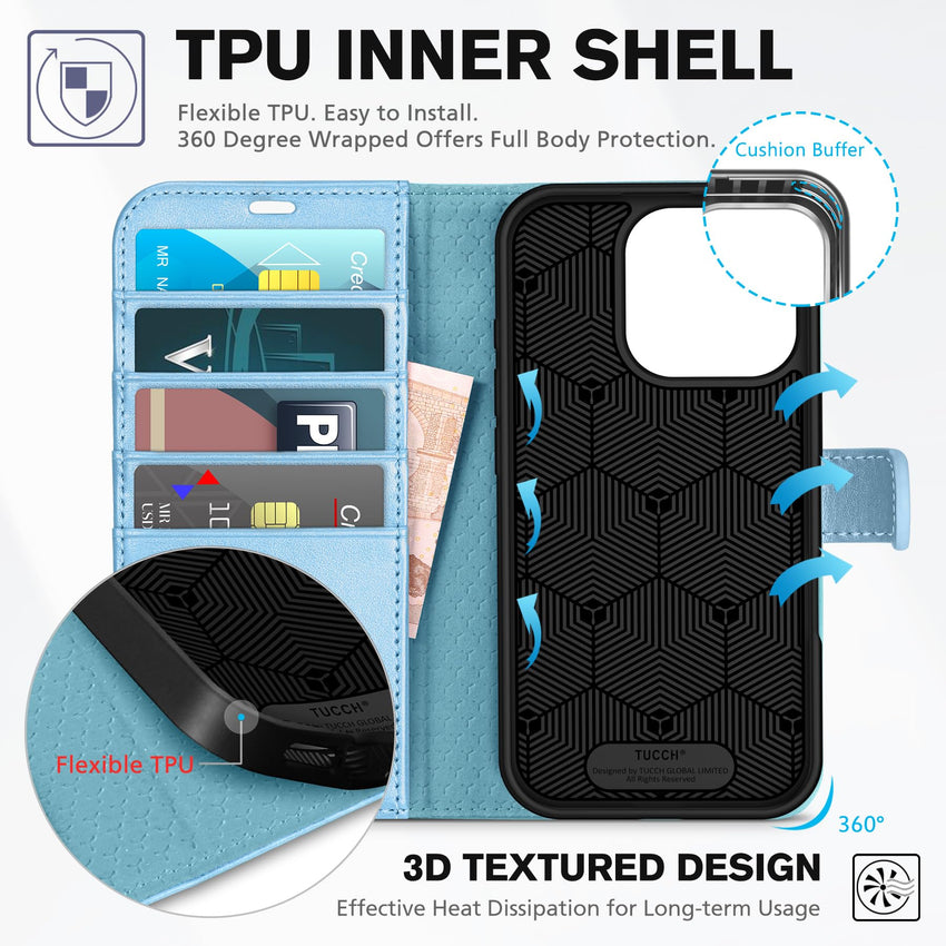 iPhone 16 Pro Max, RFID Blocking [4 Card Holders] Kickstand Shockproof TPU Interior Shell, PU Leather Magnetic Flip Folio Cover 2024, Black - 7DAY'S