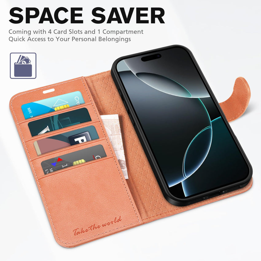 iPhone 16 Pro Max, RFID Blocking [4 Card Holders] Kickstand Shockproof TPU Interior Shell, PU Leather Magnetic Flip Folio Cover 2024, Black - 7DAY'S