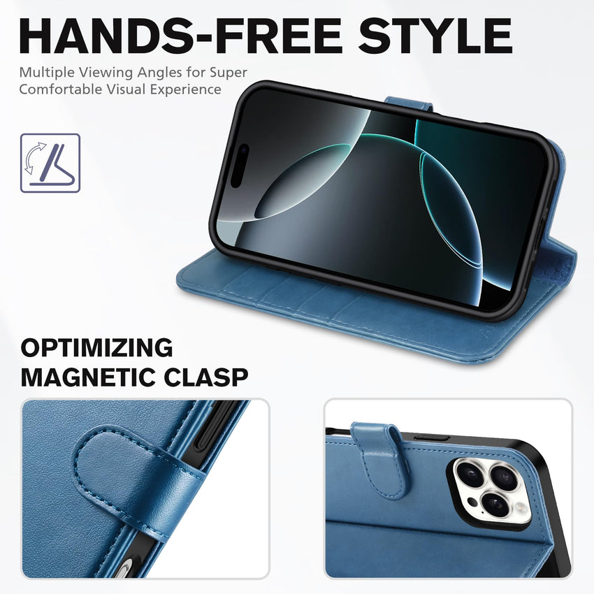 iPhone 16 Pro Max, RFID Blocking [4 Card Holders] Kickstand Shockproof TPU Interior Shell, PU Leather Magnetic Flip Folio Cover 2024, Black - 7DAY'S