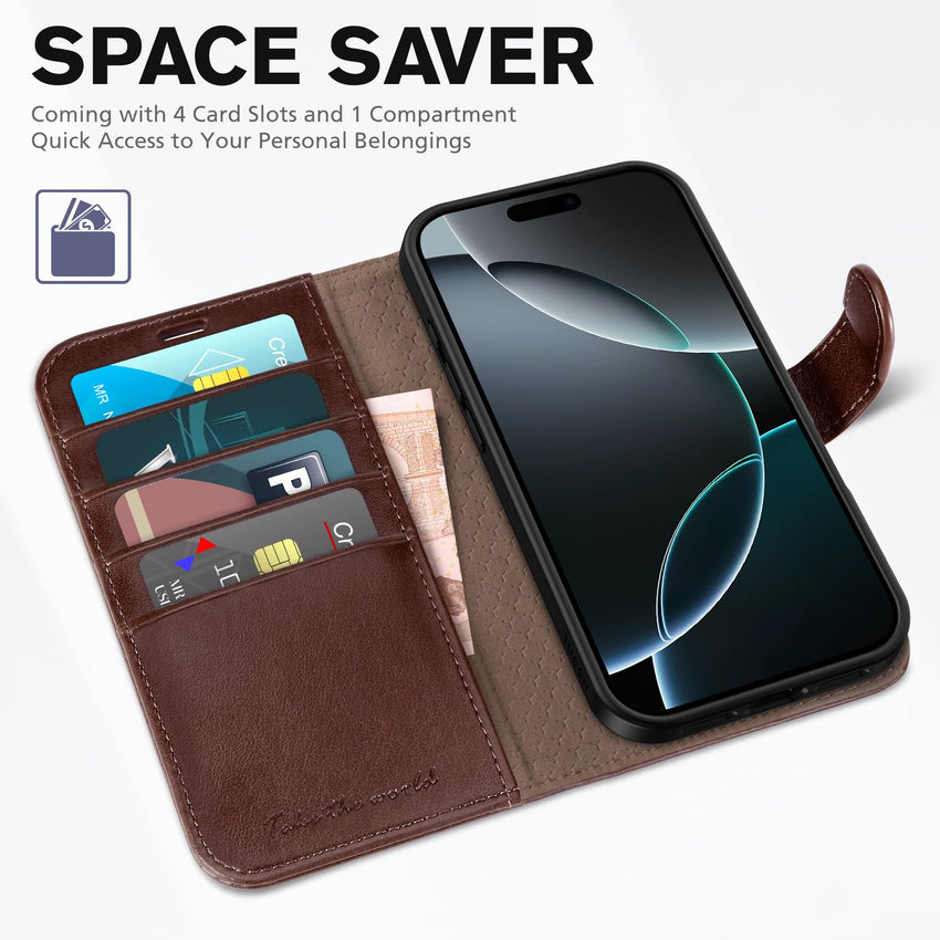 iPhone 16 Pro Max, RFID Blocking [4 Card Holders] Kickstand Shockproof TPU Interior Shell, PU Leather Magnetic Flip Folio Cover 2024, Black - 7DAY'S