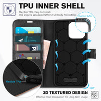 iPhone 16 Pro Max, RFID Blocking [4 Card Holders] Kickstand Shockproof TPU Interior Shell, PU Leather Magnetic Flip Folio Cover 2024, Black - 7DAY'S