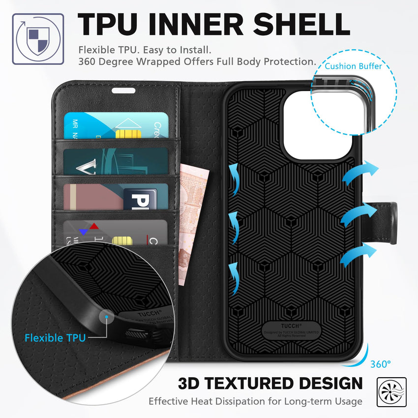 iPhone 16 Pro Max, RFID Blocking [4 Card Holders] Kickstand Shockproof TPU Interior Shell, PU Leather Magnetic Flip Folio Cover 2024, Black - 7DAY'S