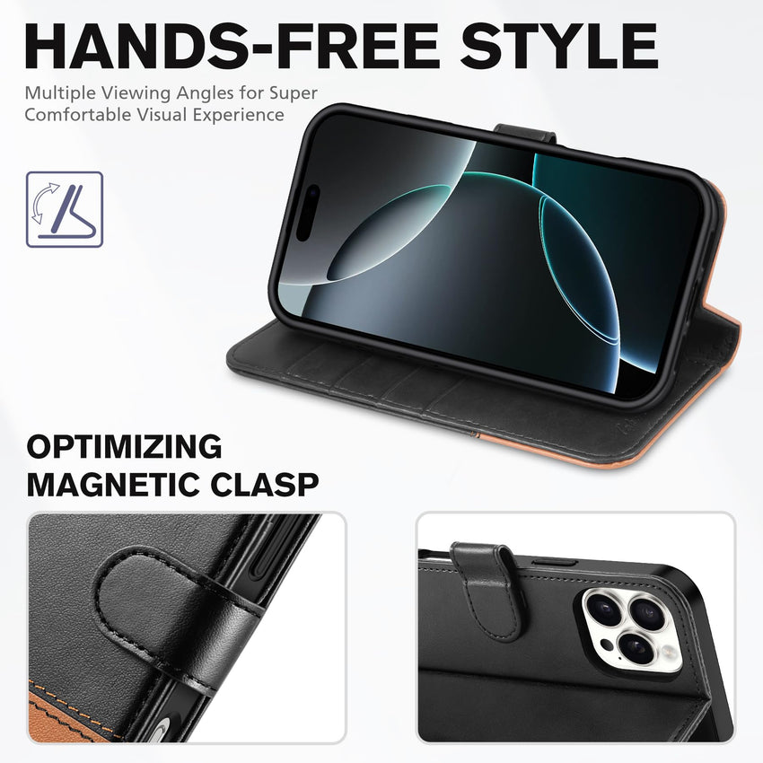 iPhone 16 Pro Max, RFID Blocking [4 Card Holders] Kickstand Shockproof TPU Interior Shell, PU Leather Magnetic Flip Folio Cover 2024, Black - 7DAY'S