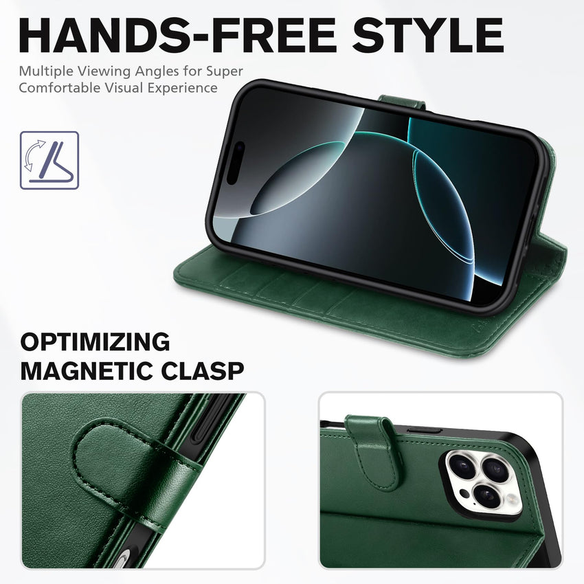 iPhone 16 Pro Max, RFID Blocking [4 Card Holders] Kickstand Shockproof TPU Interior Shell, PU Leather Magnetic Flip Folio Cover 2024, Black - 7DAY'S