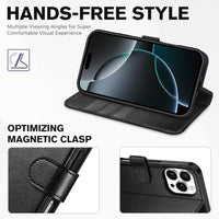 iPhone 16 Pro, RFID Blocking [4 Card Holder] Kickstand [Shockproof TPU Inner Shell] PU Leather Magnetic Protective Flip Cover 6.3“ 2024, Black - 7DAY'S