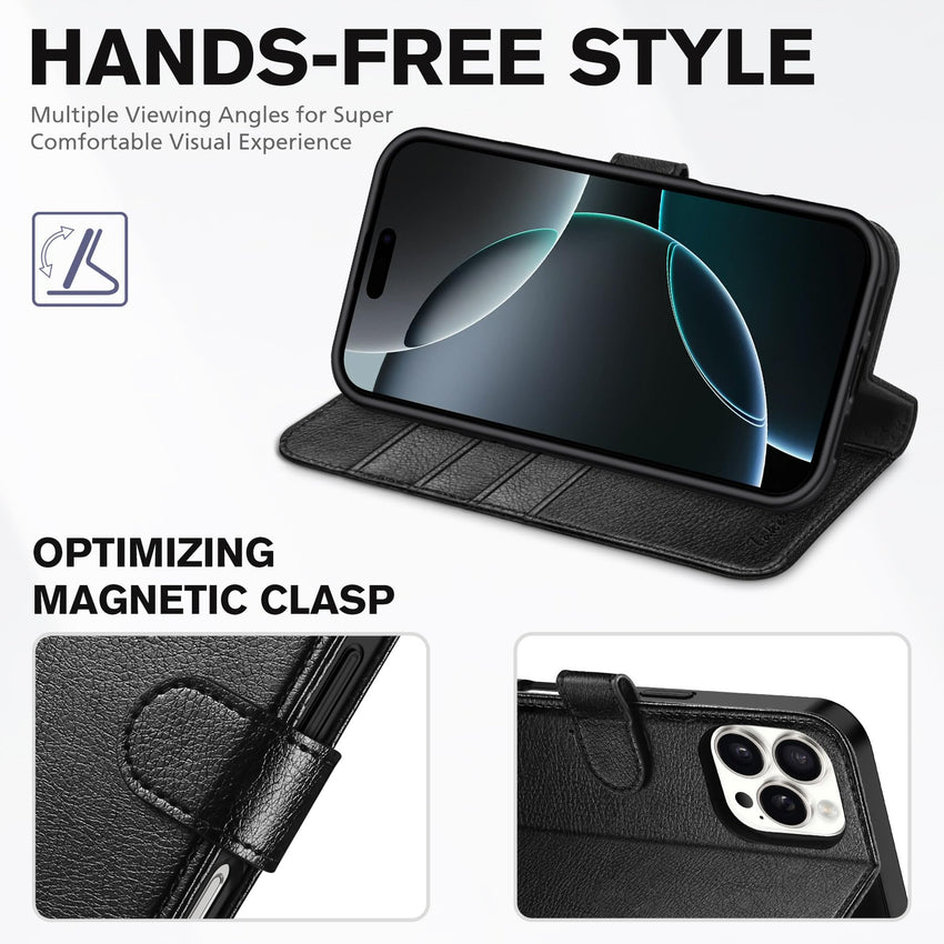 iPhone 16 Pro, RFID Blocking [4 Card Holder] Kickstand [Shockproof TPU Inner Shell] PU Leather Magnetic Protective Flip Cover 6.3“ 2024, Black - 7DAY'S