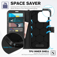iPhone 16 Pro, RFID Blocking [4 Card Holder] Kickstand [Shockproof TPU Inner Shell] PU Leather Magnetic Protective Flip Cover 6.3“ 2024, Black - 7DAY'S
