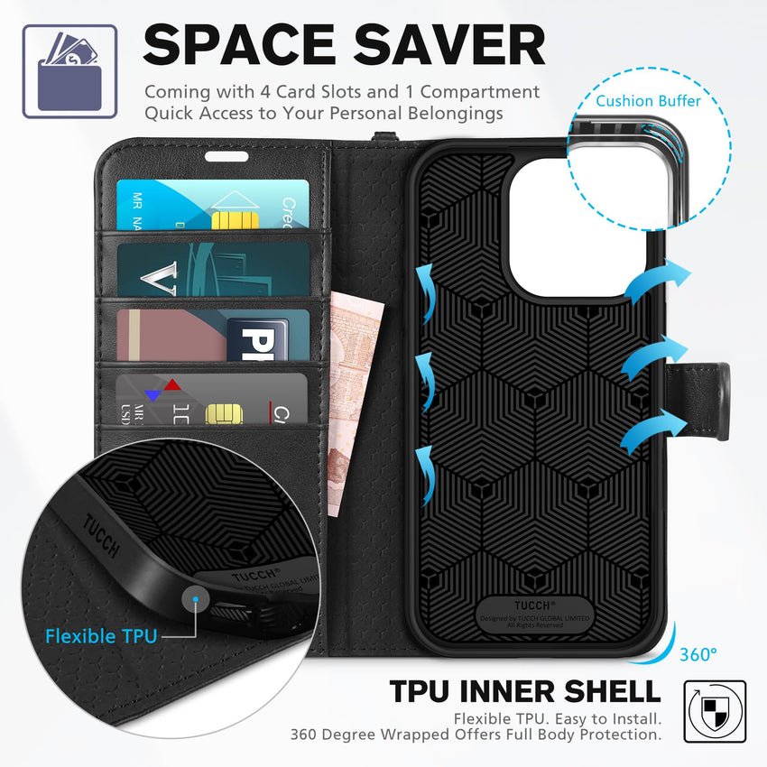 iPhone 16 Pro, RFID Blocking [4 Card Holder] Kickstand [Shockproof TPU Inner Shell] PU Leather Magnetic Protective Flip Cover 6.3“ 2024, Black - 7DAY'S