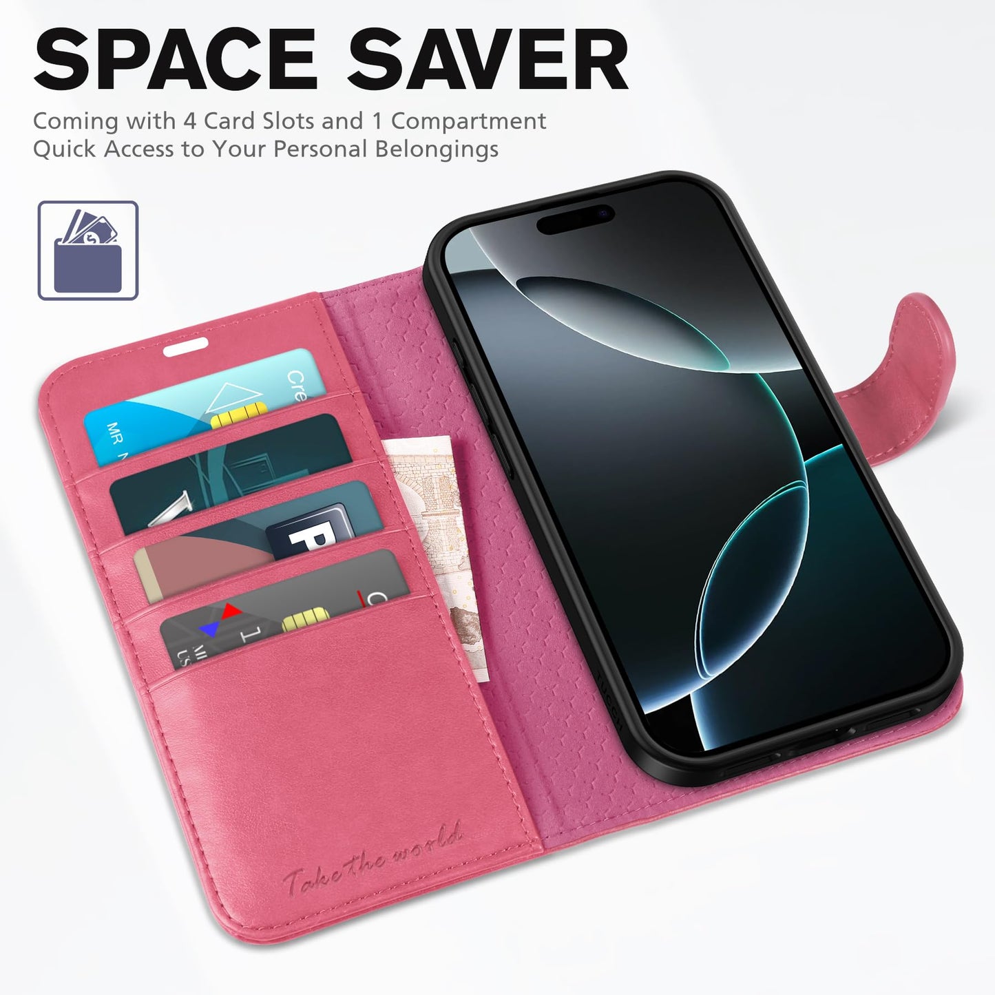 iPhone 16 Pro, RFID Blocking [4 Card Holder] Kickstand [Shockproof TPU Inner Shell] PU Leather Magnetic Protective Flip Cover 6.3“ 2024, Black - 7DAY'S
