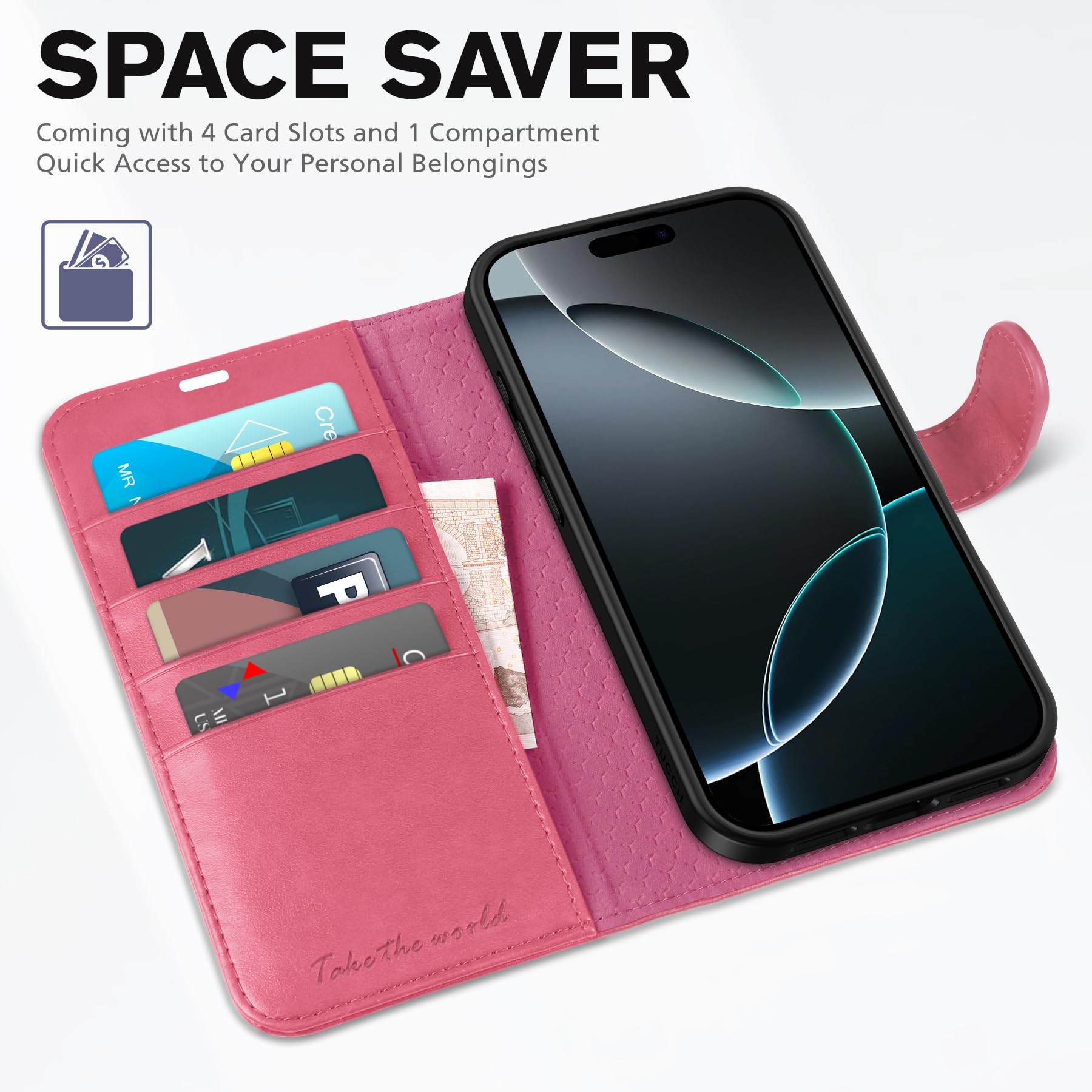 iPhone 16 Pro, RFID Blocking [4 Card Holder] Kickstand [Shockproof TPU Inner Shell] PU Leather Magnetic Protective Flip Cover 6.3“ 2024, Black - 7DAY'S