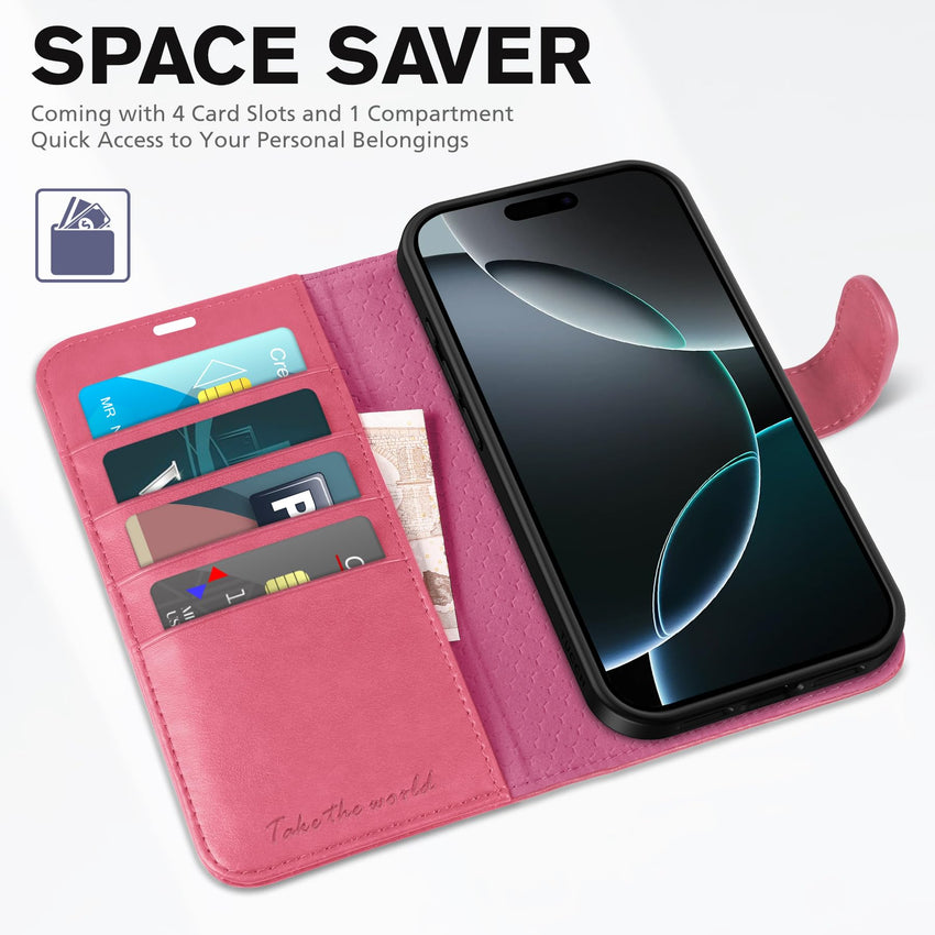 iPhone 16 Pro, RFID Blocking [4 Card Holder] Kickstand [Shockproof TPU Inner Shell] PU Leather Magnetic Protective Flip Cover 6.3“ 2024, Black - 7DAY'S