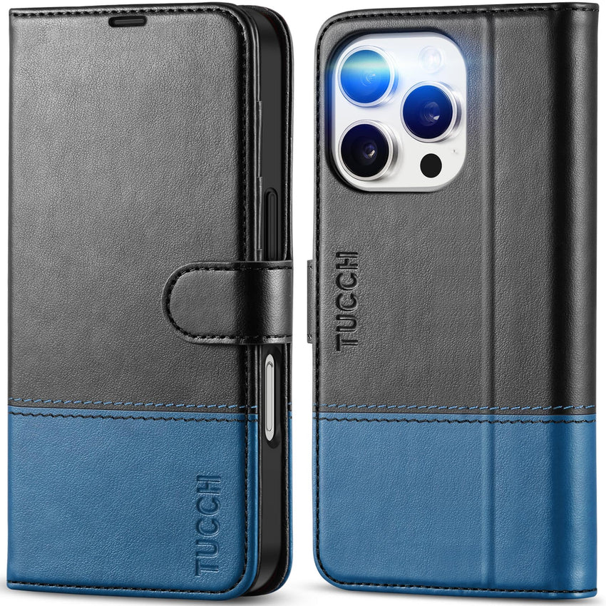 iPhone 16 Pro, RFID Blocking [4 Card Holder] Kickstand [Shockproof TPU Inner Shell] PU Leather Magnetic Protective Flip Cover 6.3“ 2024, Black - 7DAY'S