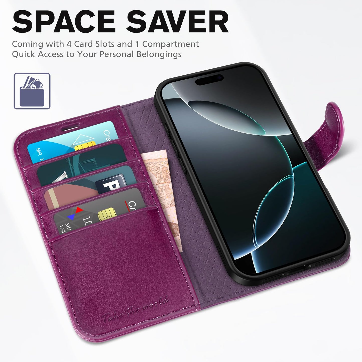 iPhone 16 Pro, RFID Blocking [4 Card Holder] Kickstand [Shockproof TPU Inner Shell] PU Leather Magnetic Protective Flip Cover 6.3“ 2024, Black - 7DAY'S
