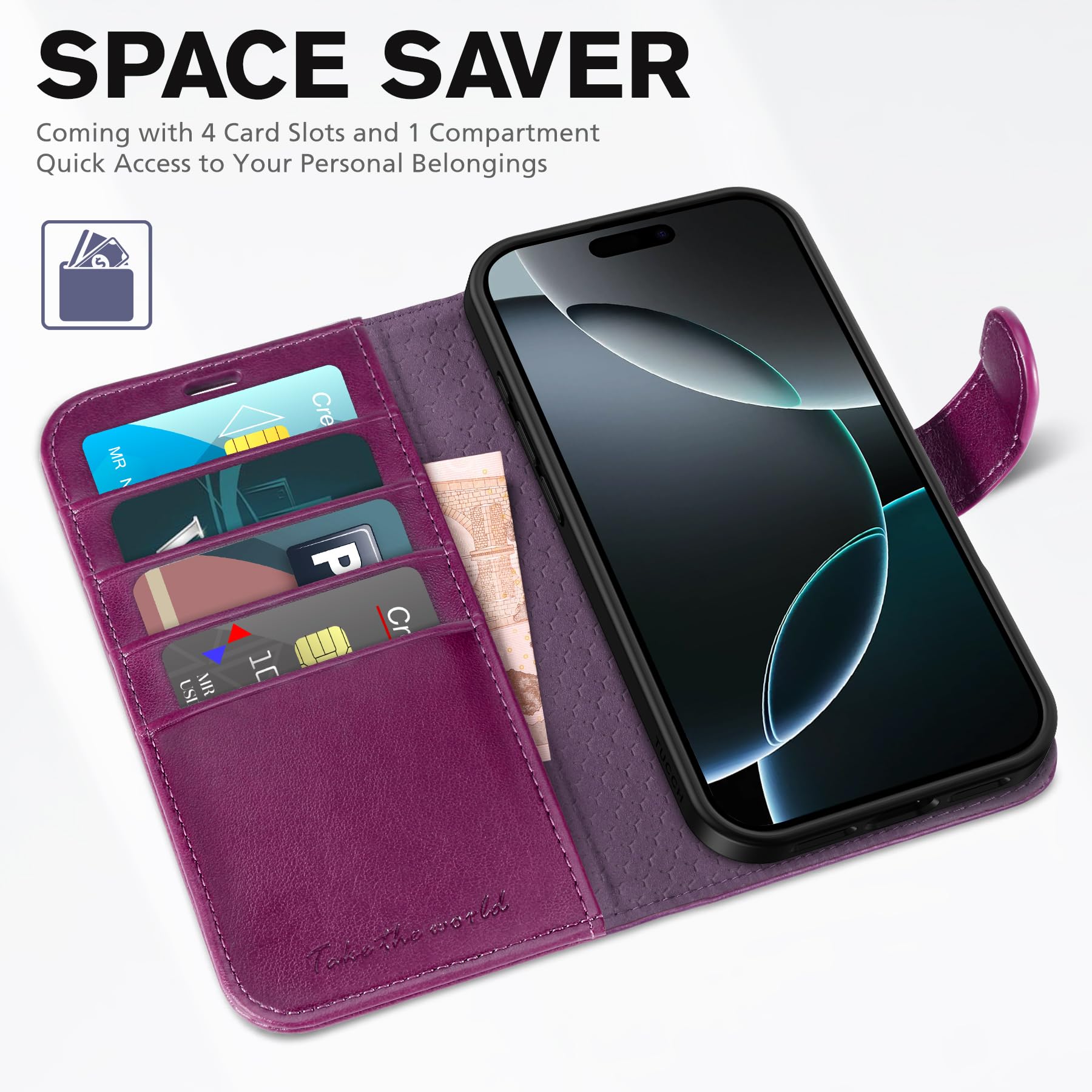 iPhone 16 Pro, RFID Blocking [4 Card Holder] Kickstand [Shockproof TPU Inner Shell] PU Leather Magnetic Protective Flip Cover 6.3“ 2024, Black - 7DAY'S
