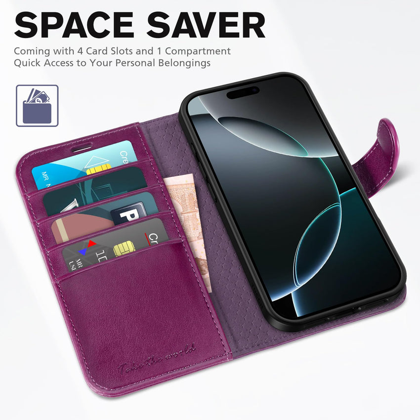 iPhone 16 Pro, RFID Blocking [4 Card Holder] Kickstand [Shockproof TPU Inner Shell] PU Leather Magnetic Protective Flip Cover 6.3“ 2024, Black - 7DAY'S