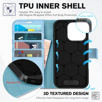 iPhone 16 Pro, RFID Blocking [4 Card Holder] Kickstand [Shockproof TPU Inner Shell] PU Leather Magnetic Protective Flip Cover 6.3“ 2024, Black - 7DAY'S