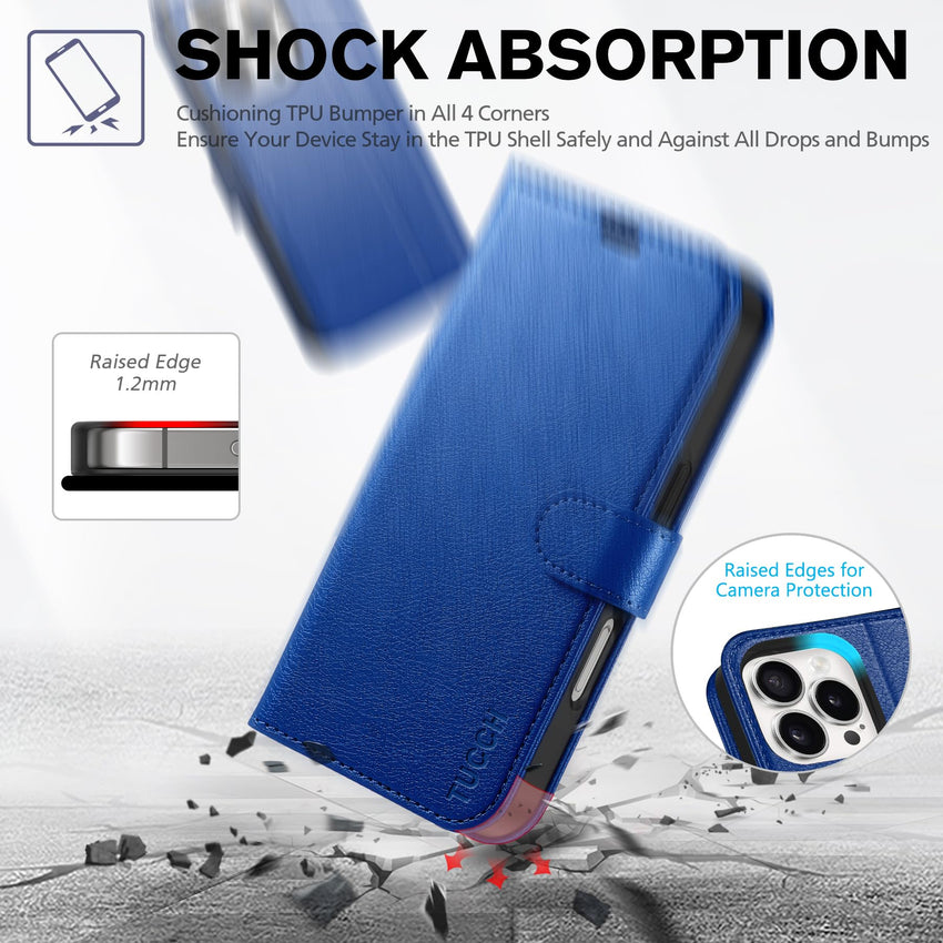 iPhone 16 Pro, RFID Blocking [4 Card Holder] Kickstand [Shockproof TPU Inner Shell] PU Leather Magnetic Protective Flip Cover 6.3“ 2024, Black - 7DAY'S