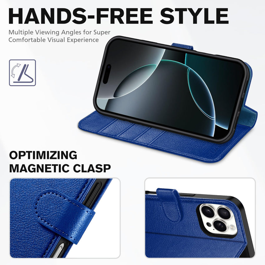 iPhone 16 Pro, RFID Blocking [4 Card Holder] Kickstand [Shockproof TPU Inner Shell] PU Leather Magnetic Protective Flip Cover 6.3“ 2024, Black - 7DAY'S