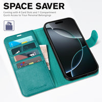 iPhone 16 Pro, RFID Blocking [4 Card Holder] Kickstand [Shockproof TPU Inner Shell] PU Leather Magnetic Protective Flip Cover 6.3“ 2024, Black - 7DAY'S