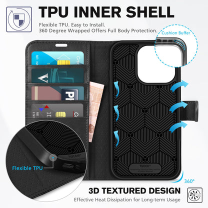 iPhone 16 Pro, RFID Blocking [4 Card Holder] Kickstand [Shockproof TPU Inner Shell] PU Leather Magnetic Protective Flip Cover 6.3“ 2024, Black - 7DAY'S