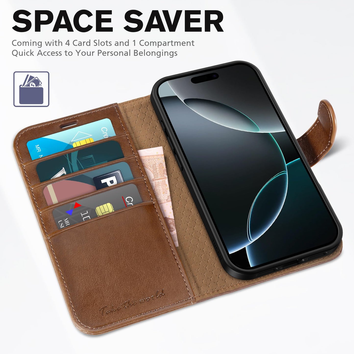 iPhone 16 Pro, RFID Blocking [4 Card Holder] Kickstand [Shockproof TPU Inner Shell] PU Leather Magnetic Protective Flip Cover 6.3“ 2024, Black - 7DAY'S