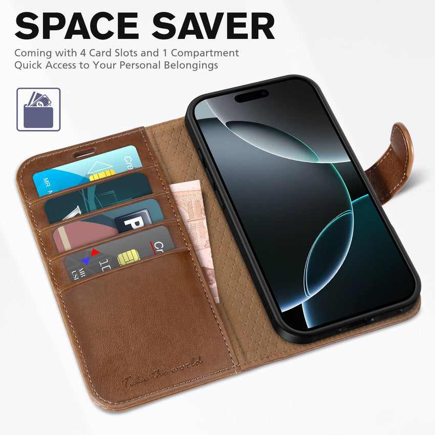 iPhone 16 Pro, RFID Blocking [4 Card Holder] Kickstand [Shockproof TPU Inner Shell] PU Leather Magnetic Protective Flip Cover 6.3“ 2024, Black - 7DAY'S