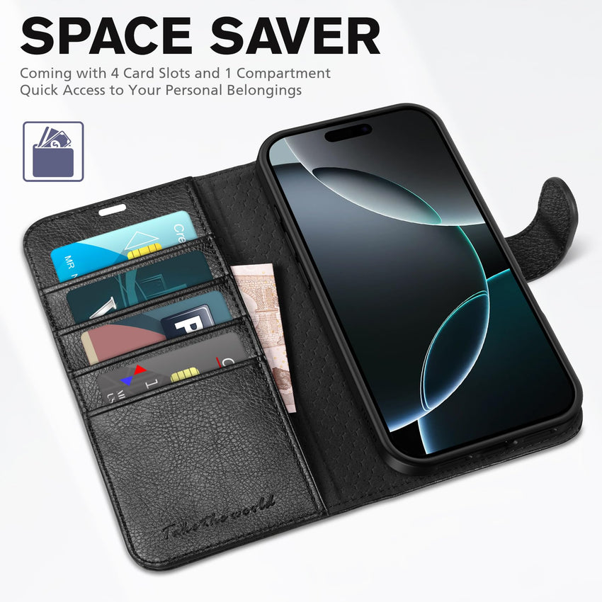 iPhone 16 Pro, RFID Blocking [4 Card Holder] Kickstand [Shockproof TPU Inner Shell] PU Leather Magnetic Protective Flip Cover 6.3“ 2024, Black - 7DAY'S