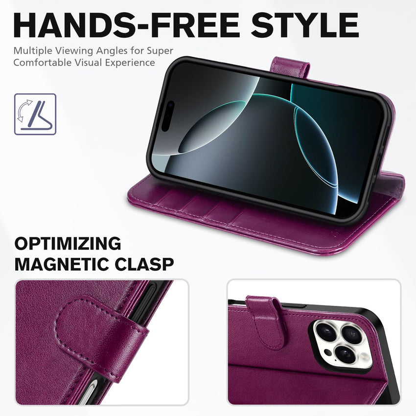 iPhone 16 Pro, RFID Blocking [4 Card Holder] Kickstand [Shockproof TPU Inner Shell] PU Leather Magnetic Protective Flip Cover 6.3“ 2024, Black - 7DAY'S