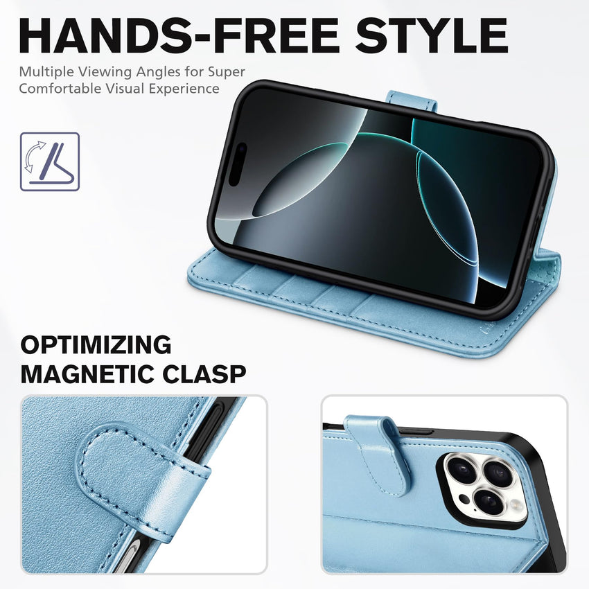 iPhone 16 Pro, RFID Blocking [4 Card Holder] Kickstand [Shockproof TPU Inner Shell] PU Leather Magnetic Protective Flip Cover 6.3“ 2024, Black - 7DAY'S
