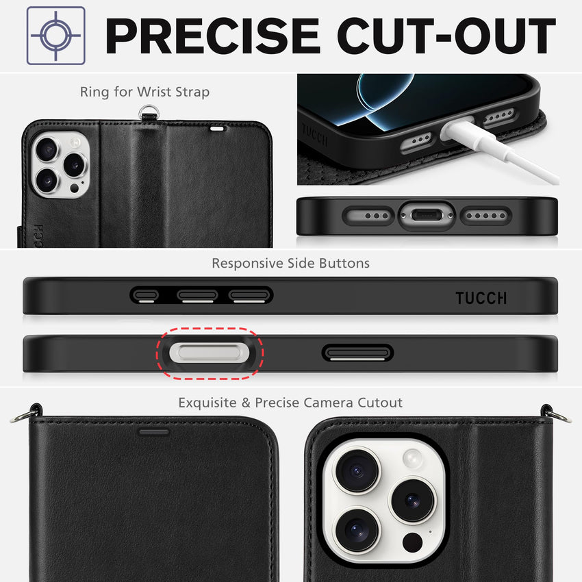 iPhone 16 Pro, RFID Blocking [4 Card Holder] Kickstand [Shockproof TPU Inner Shell] PU Leather Magnetic Protective Flip Cover 6.3“ 2024, Black - 7DAY'S