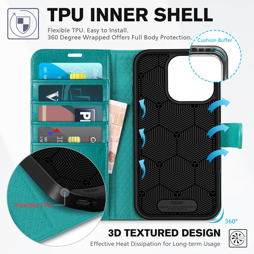 iPhone 16 Pro, RFID Blocking [4 Card Holder] Kickstand [Shockproof TPU Inner Shell] PU Leather Magnetic Protective Flip Cover 6.3“ 2024, Black - 7DAY'S