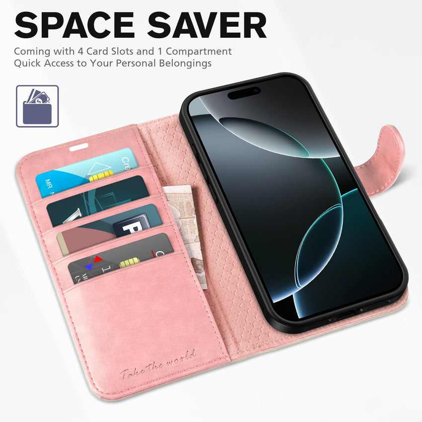 iPhone 16 Pro, RFID Blocking [4 Card Holder] Kickstand [Shockproof TPU Inner Shell] PU Leather Magnetic Protective Flip Cover 6.3“ 2024, Black - 7DAY'S