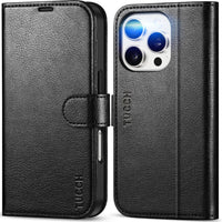 iPhone 16 Pro, RFID Blocking [4 Card Holder] Kickstand [Shockproof TPU Inner Shell] PU Leather Magnetic Protective Flip Cover 6.3“ 2024, Black - 7DAY'S