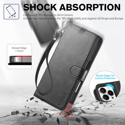 iPhone 16 Pro, RFID Blocking [4 Card Holder] Kickstand [Shockproof TPU Inner Shell] PU Leather Magnetic Protective Flip Cover 6.3“ 2024, Black - 7DAY'S