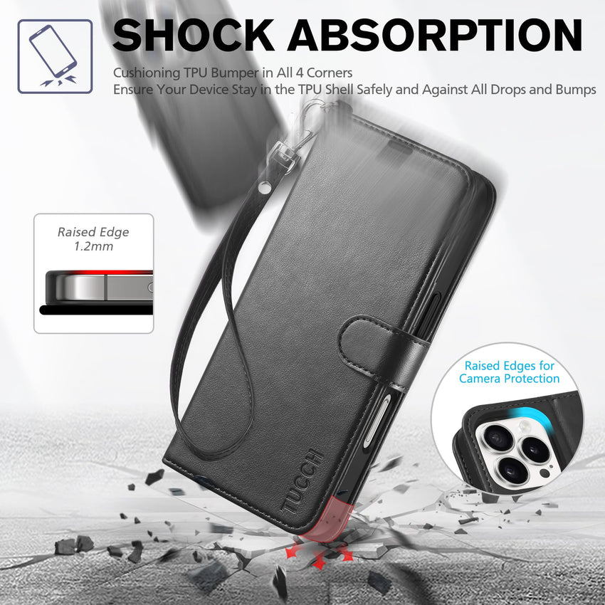 iPhone 16 Pro, RFID Blocking [4 Card Holder] Kickstand [Shockproof TPU Inner Shell] PU Leather Magnetic Protective Flip Cover 6.3“ 2024, Black - 7DAY'S