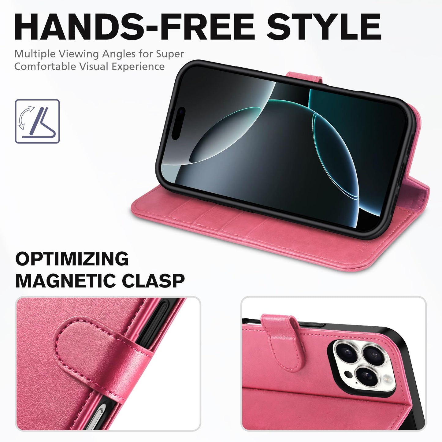 iPhone 16 Pro, RFID Blocking [4 Card Holder] Kickstand [Shockproof TPU Inner Shell] PU Leather Magnetic Protective Flip Cover 6.3“ 2024, Black - 7DAY'S