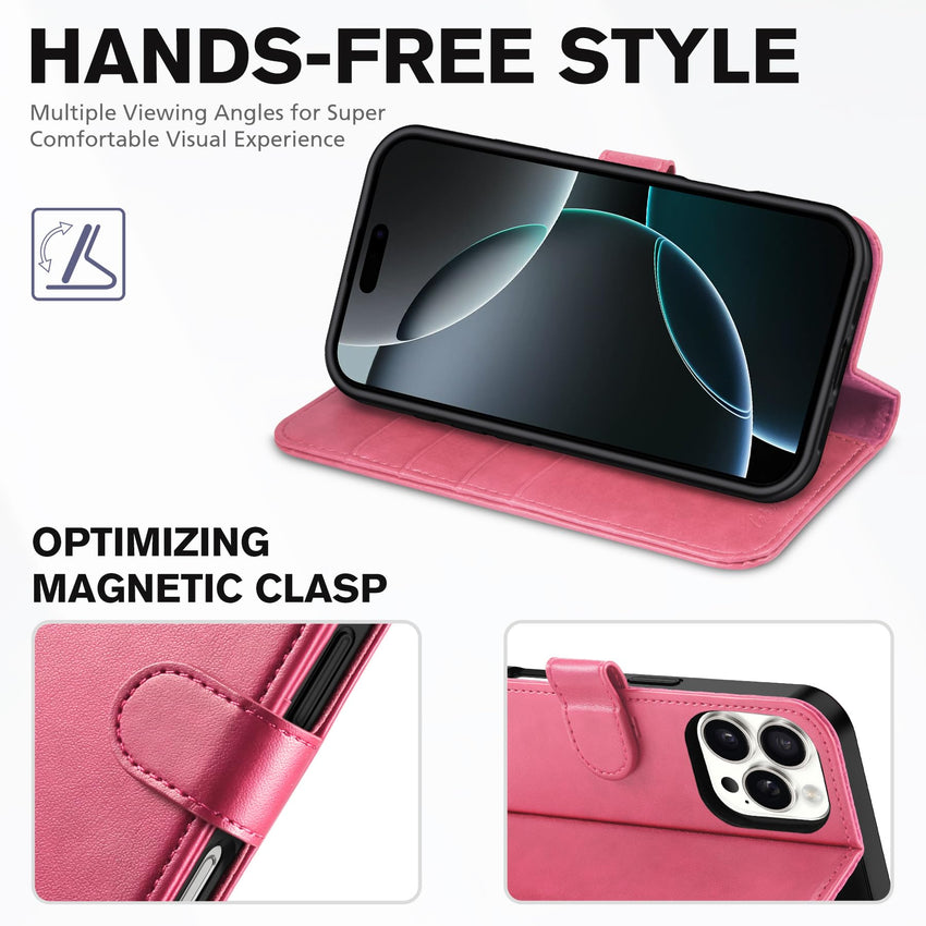 iPhone 16 Pro, RFID Blocking [4 Card Holder] Kickstand [Shockproof TPU Inner Shell] PU Leather Magnetic Protective Flip Cover 6.3“ 2024, Black - 7DAY'S