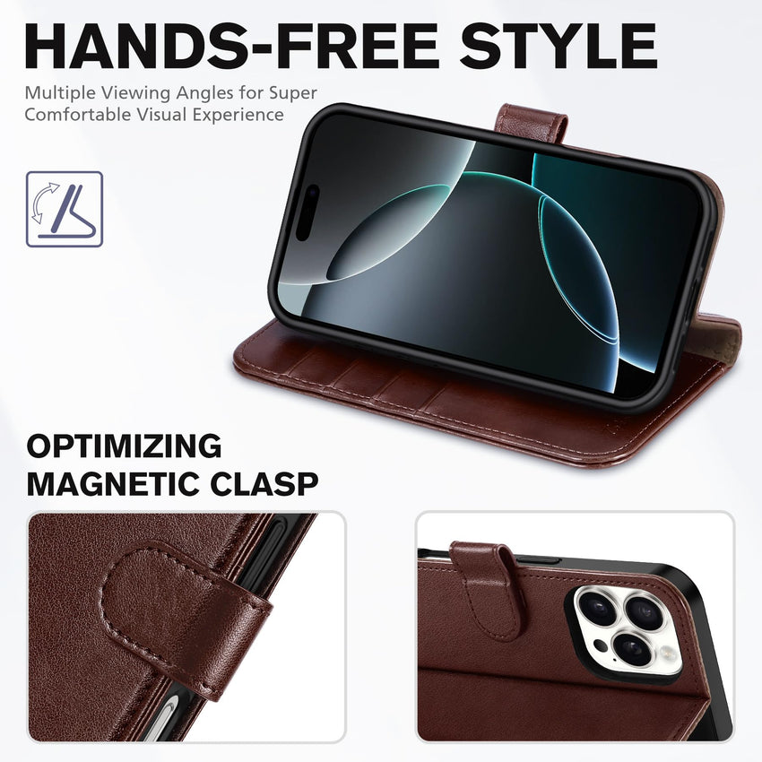 iPhone 16 Pro, RFID Blocking [4 Card Holder] Kickstand [Shockproof TPU Inner Shell] PU Leather Magnetic Protective Flip Cover 6.3“ 2024, Black - 7DAY'S