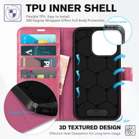 iPhone 16 Pro, RFID Blocking [4 Card Holder] Kickstand [Shockproof TPU Inner Shell] PU Leather Magnetic Protective Flip Cover 6.3“ 2024, Black - 7DAY'S