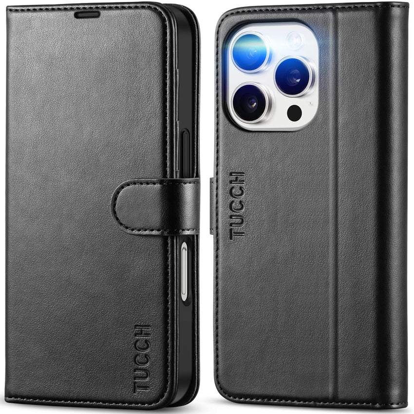 iPhone 16 Pro, RFID Blocking [4 Card Holder] Kickstand [Shockproof TPU Inner Shell] PU Leather Magnetic Protective Flip Cover 6.3“ 2024, Black - 7DAY'S