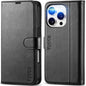 iPhone 16 Pro, RFID Blocking [4 Card Holder] Kickstand [Shockproof TPU Inner Shell] PU Leather Magnetic Protective Flip Cover 6.3“ 2024, Black - 7DAY'S