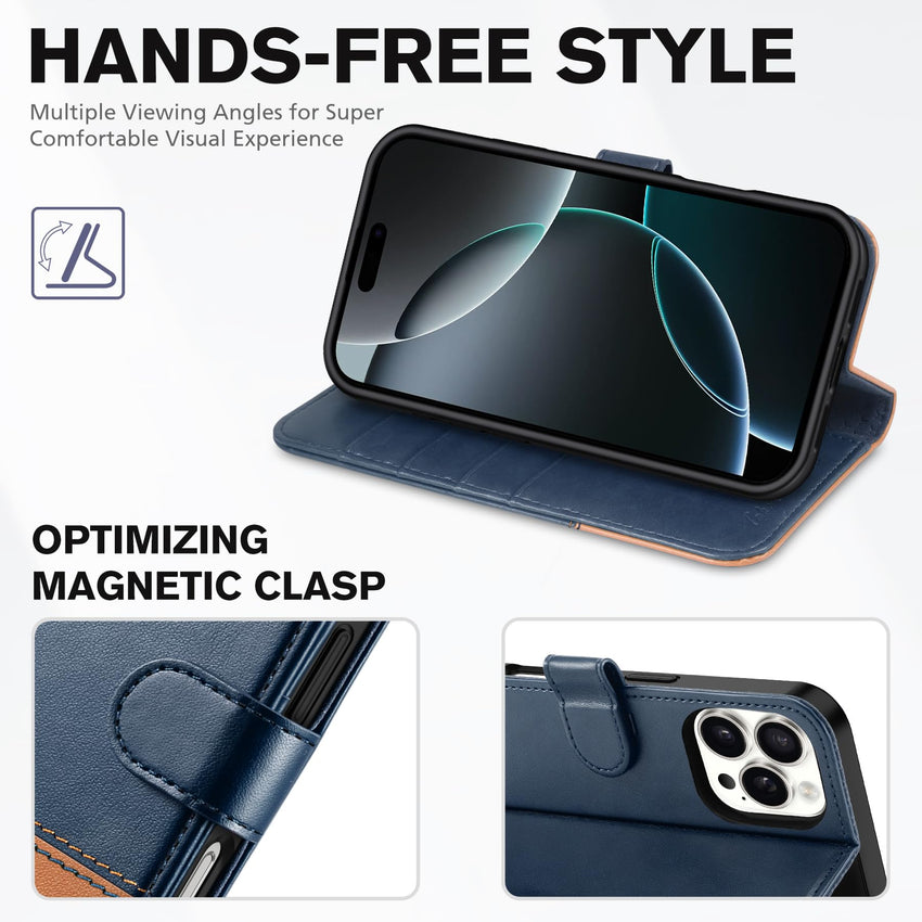 iPhone 16 Pro, RFID Blocking [4 Card Holder] Kickstand [Shockproof TPU Inner Shell] PU Leather Magnetic Protective Flip Cover 6.3“ 2024, Black - 7DAY'S