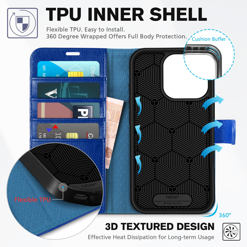 iPhone 16 Pro, RFID Blocking [4 Card Holder] Kickstand [Shockproof TPU Inner Shell] PU Leather Magnetic Protective Flip Cover 6.3“ 2024, Black - 7DAY'S