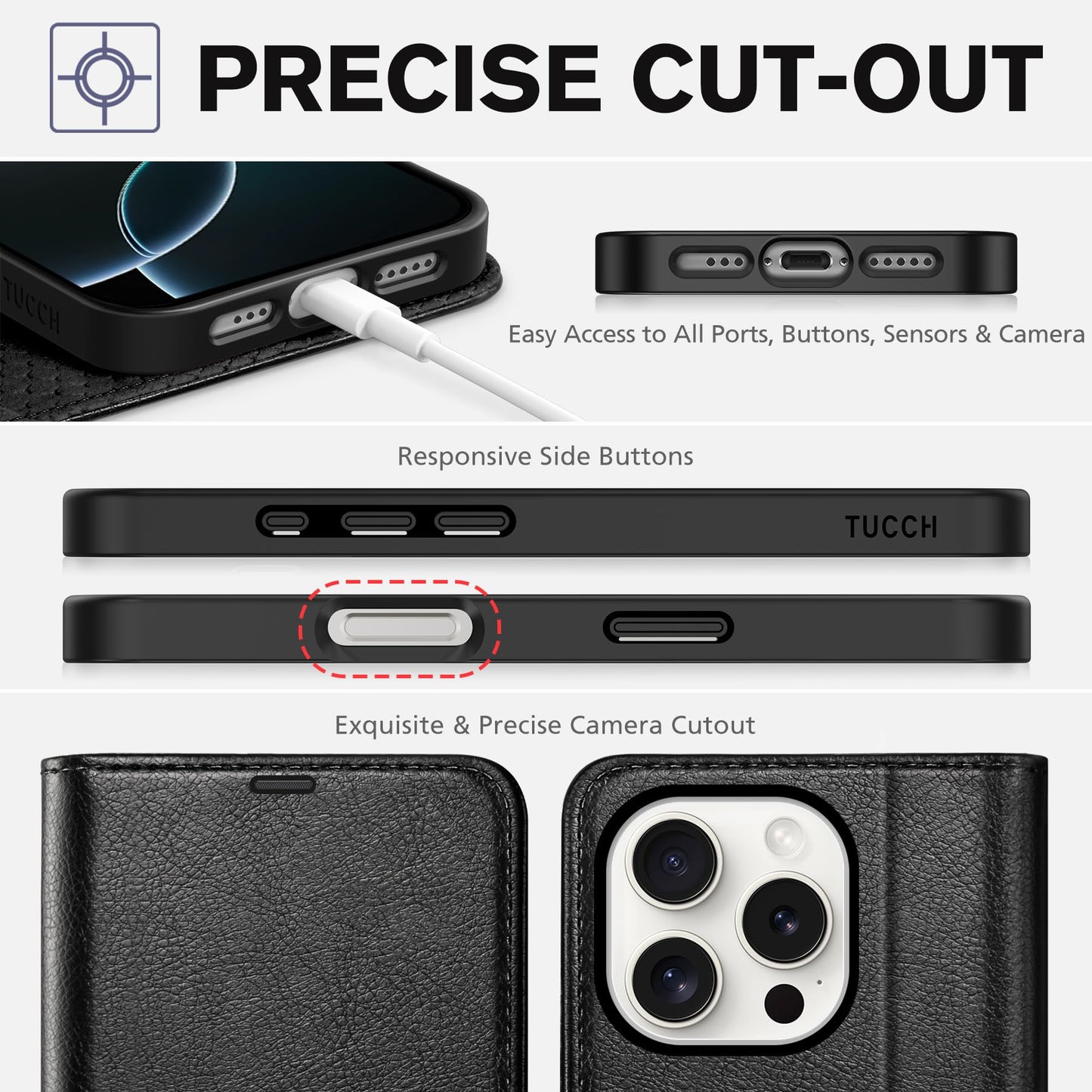 iPhone 16 Pro, RFID Blocking [4 Card Holder] Kickstand [Shockproof TPU Inner Shell] PU Leather Magnetic Protective Flip Cover 6.3“ 2024, Black - 7DAY'S