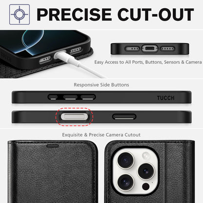 iPhone 16 Pro, RFID Blocking [4 Card Holder] Kickstand [Shockproof TPU Inner Shell] PU Leather Magnetic Protective Flip Cover 6.3“ 2024, Black - 7DAY'S