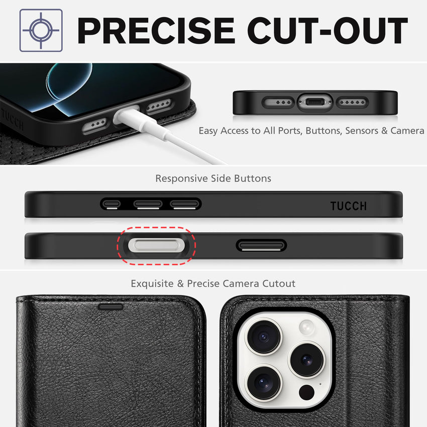 iPhone 16 Pro, RFID Blocking [4 Card Holder] Kickstand [Shockproof TPU Inner Shell] PU Leather Magnetic Protective Flip Cover 6.3“ 2024, Black - 7DAY'S