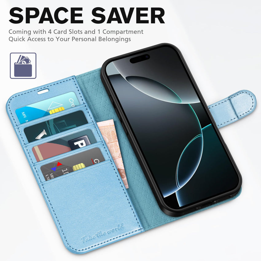 iPhone 16 Pro, RFID Blocking [4 Card Holder] Kickstand [Shockproof TPU Inner Shell] PU Leather Magnetic Protective Flip Cover 6.3“ 2024, Black - 7DAY'S
