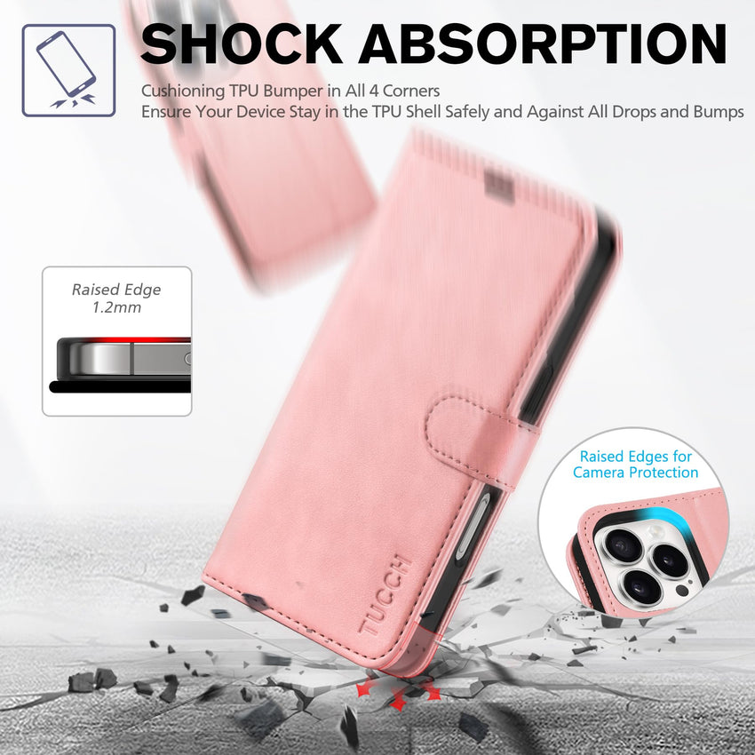iPhone 16 Pro, RFID Blocking [4 Card Holder] Kickstand [Shockproof TPU Inner Shell] PU Leather Magnetic Protective Flip Cover 6.3“ 2024, Black - 7DAY'S