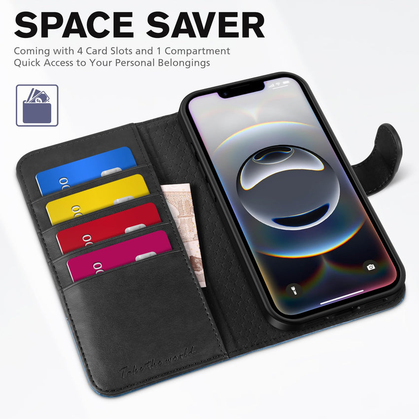 iPhone 16e, [RFID Blocking] 4 Card Holder Kickstand [Shockproof TPU Inner Case] PU Leather Magnetic Closure Protective Cover Compatible with iPhone 16e 6.1" 2025, Black - 7DAY'S