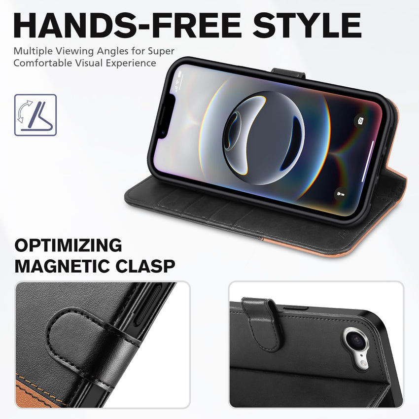 iPhone 16e, [RFID Blocking] 4 Card Holder Kickstand [Shockproof TPU Inner Case] PU Leather Magnetic Closure Protective Cover Compatible with iPhone 16e 6.1" 2025, Black - 7DAY'S